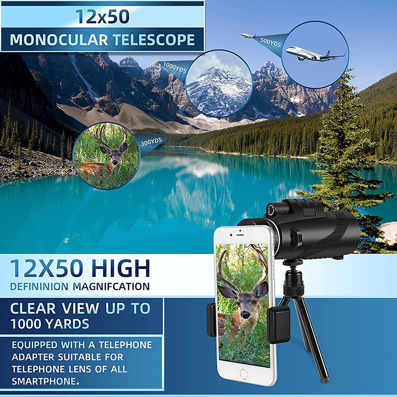 12X50 HD Telescopio Monocular With a phone camera stand