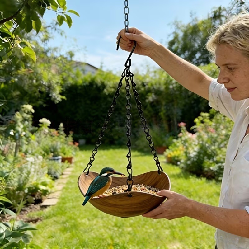 Hanging Wooden Bird Bath & Feeder – Dual Purpose Garden Decor