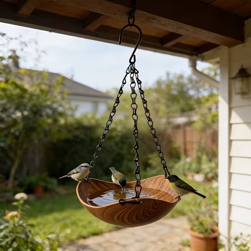 Hanging Wooden Bird Bath & Feeder – Dual Purpose Garden Decor