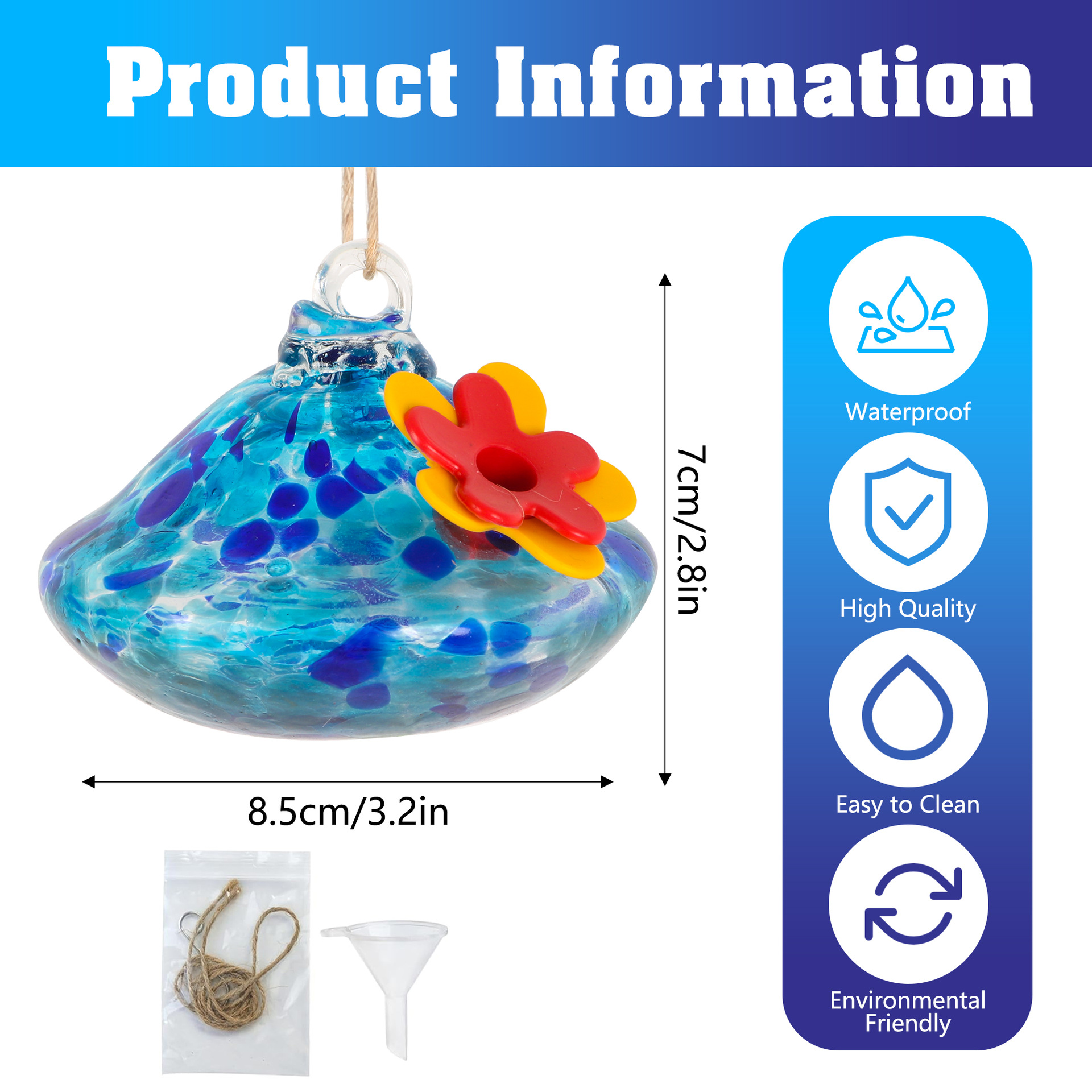 Handcrafted Glass Hummingbird Feeder with Flower Decoration