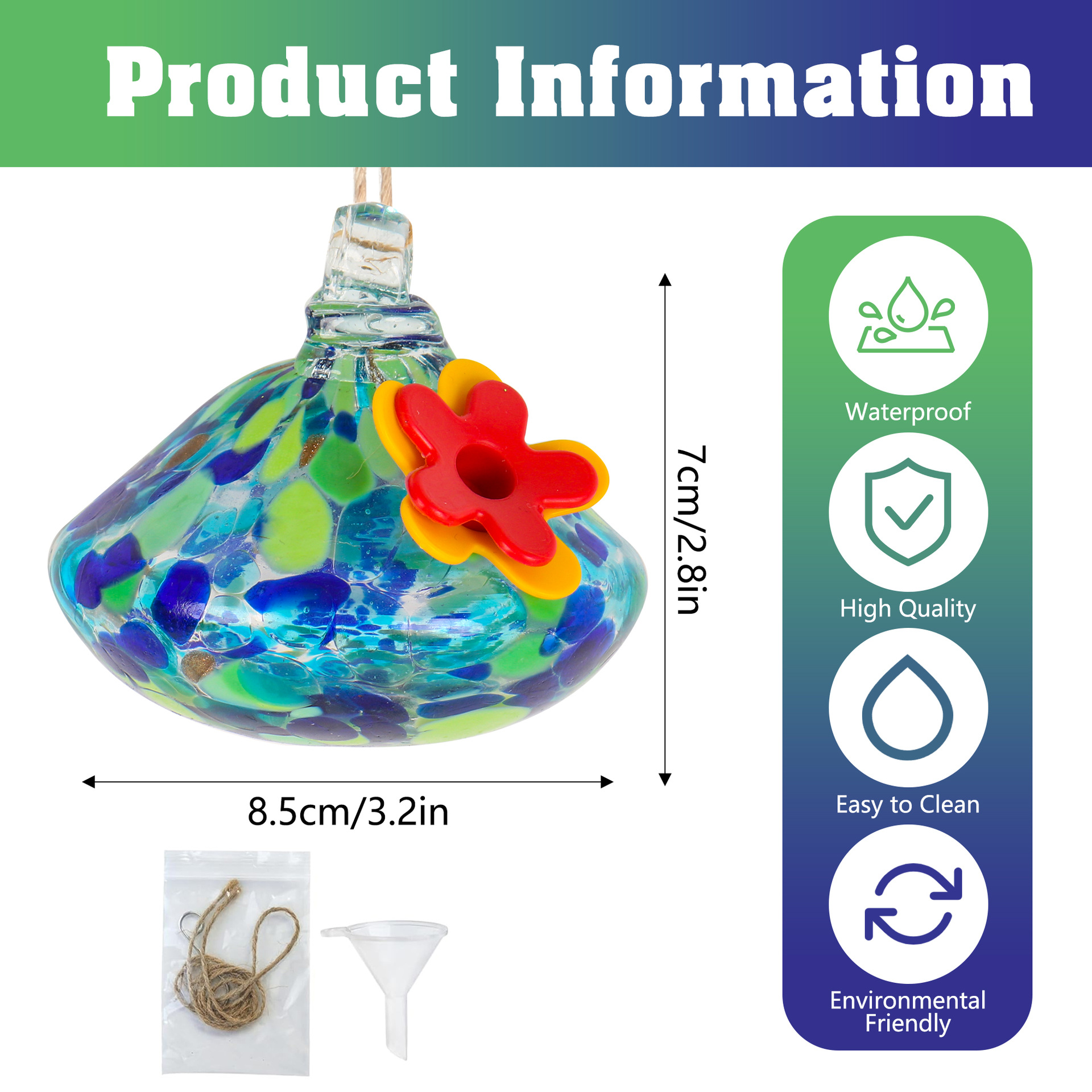 Handcrafted Glass Hummingbird Feeder with Flower Decoration