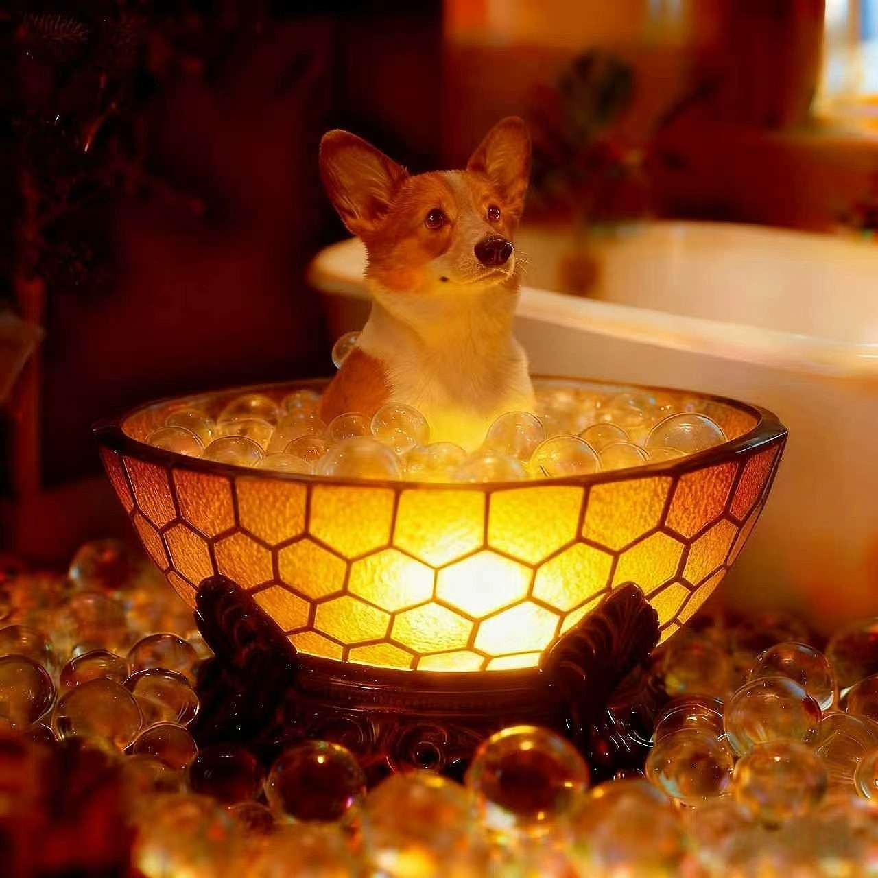 Adorable Dog Bubble Bath Resin USB Table Lamp