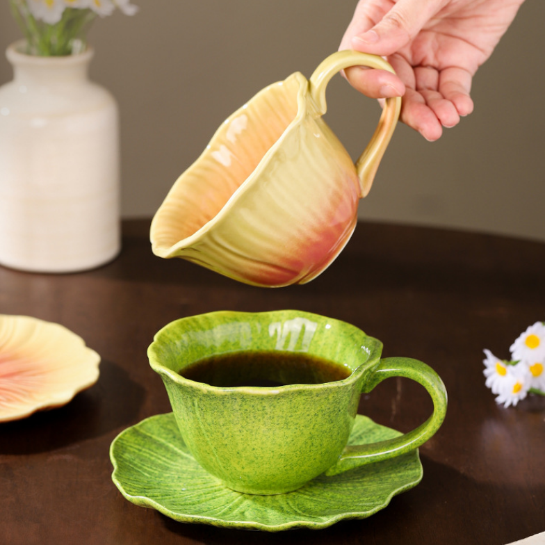 Handmade Ceramic Flower Coffee Mug and Saucer set