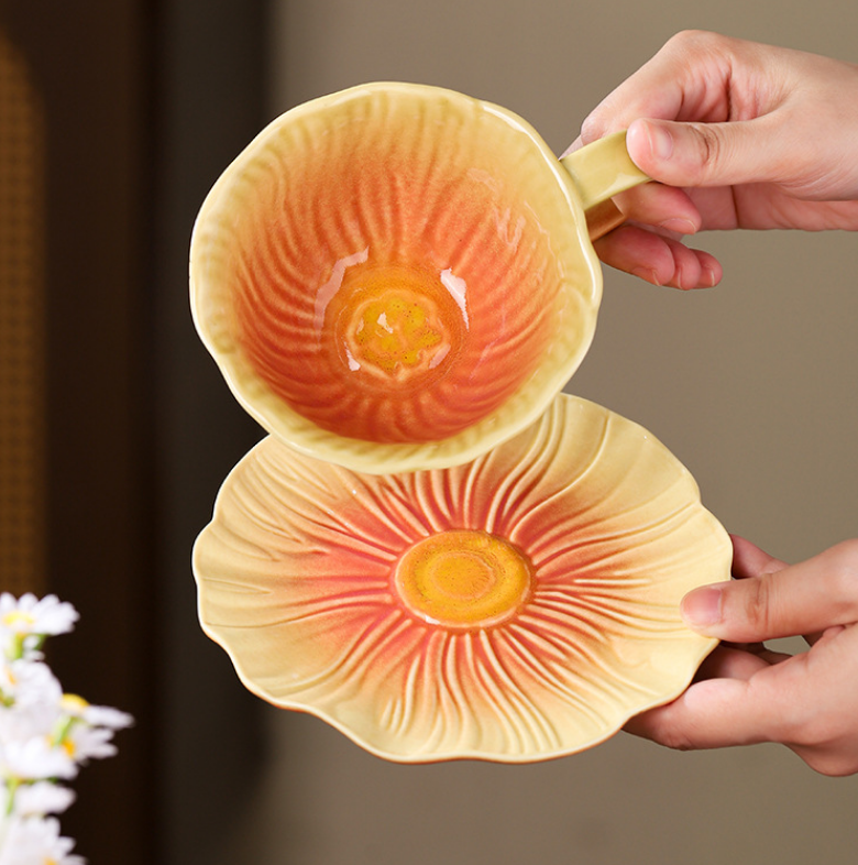 Handmade Ceramic Flower Coffee Mug and Saucer set