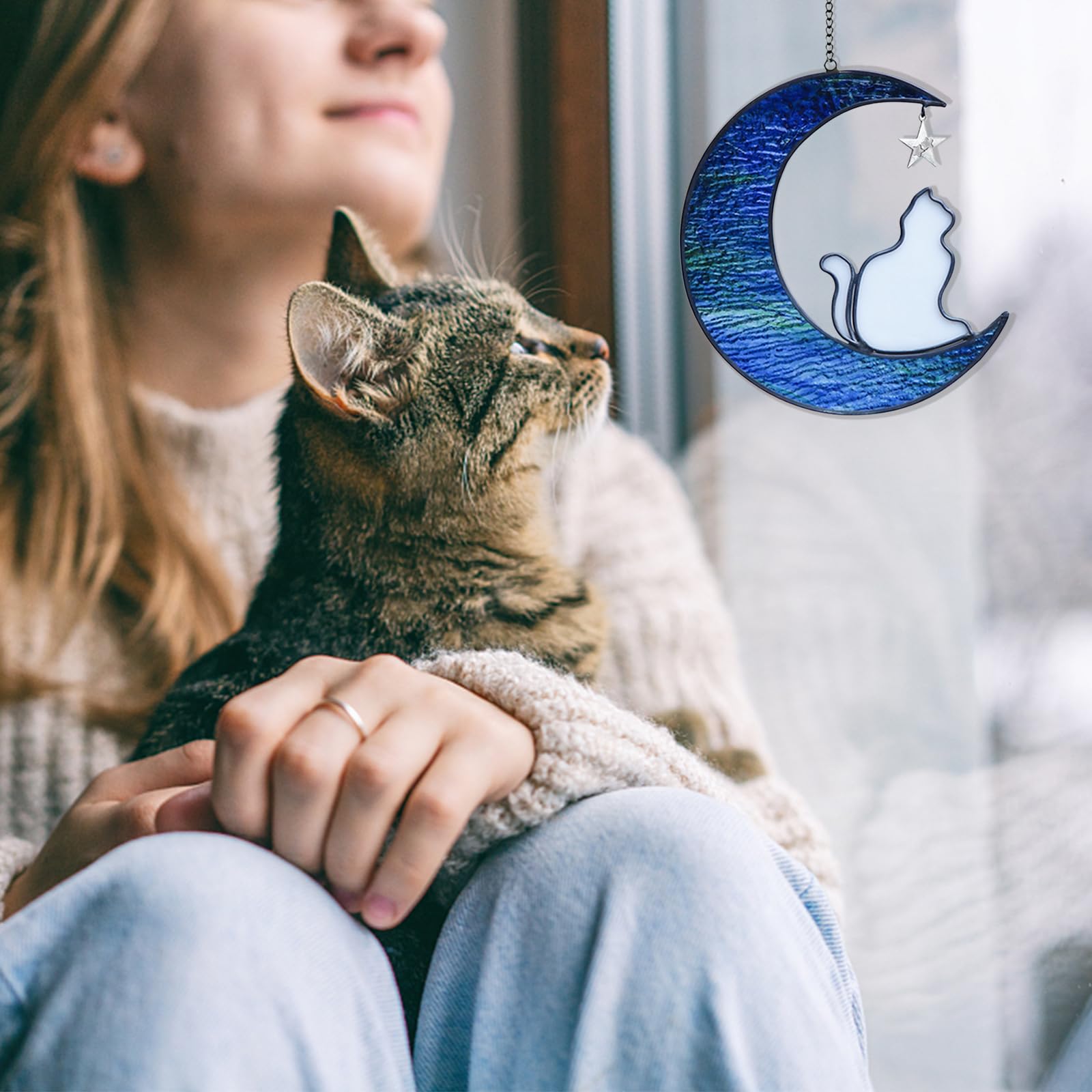 Cat on Moon Stained Glass Window Hangings Sun Catcher