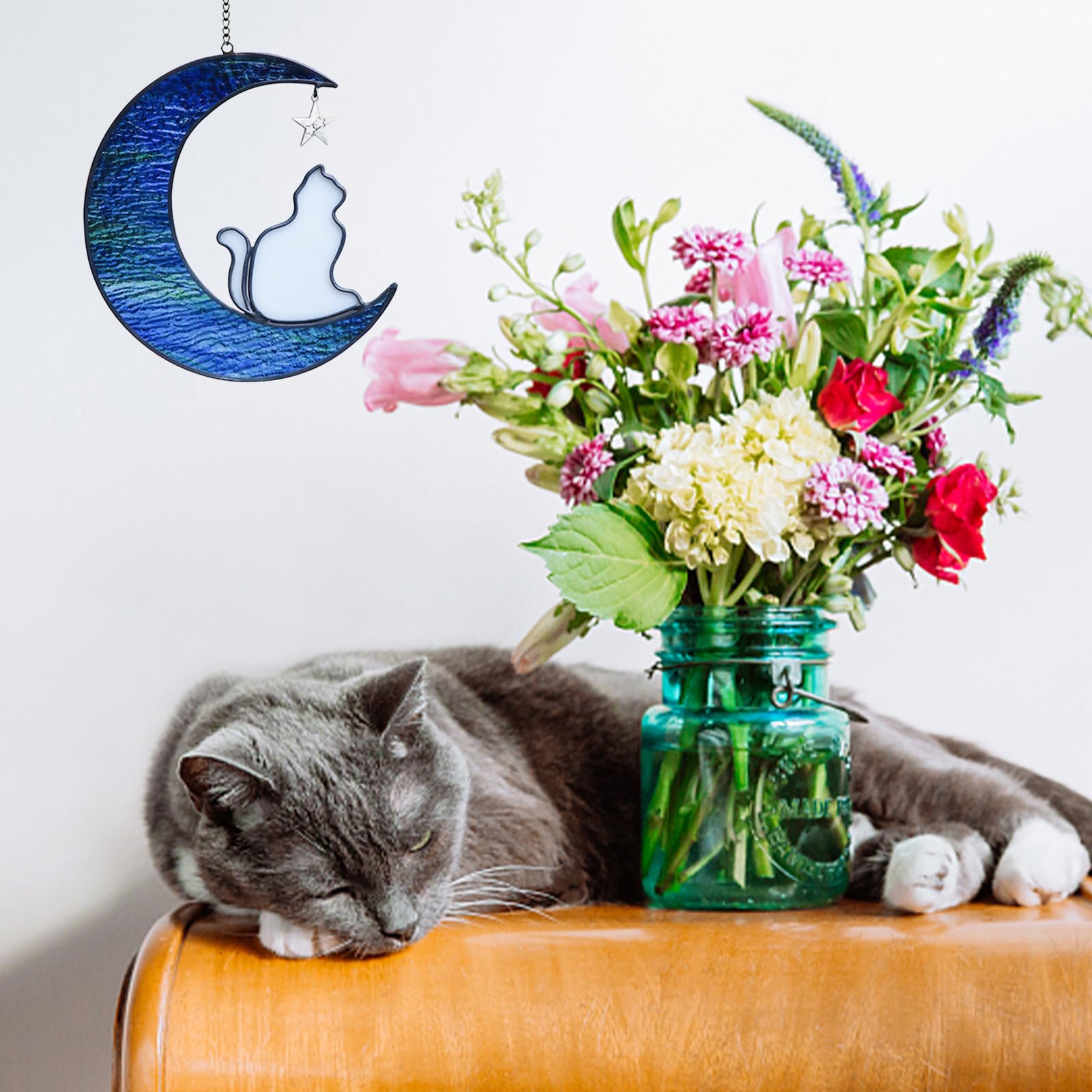 Cat on Moon Stained Glass Window Hangings Sun Catcher