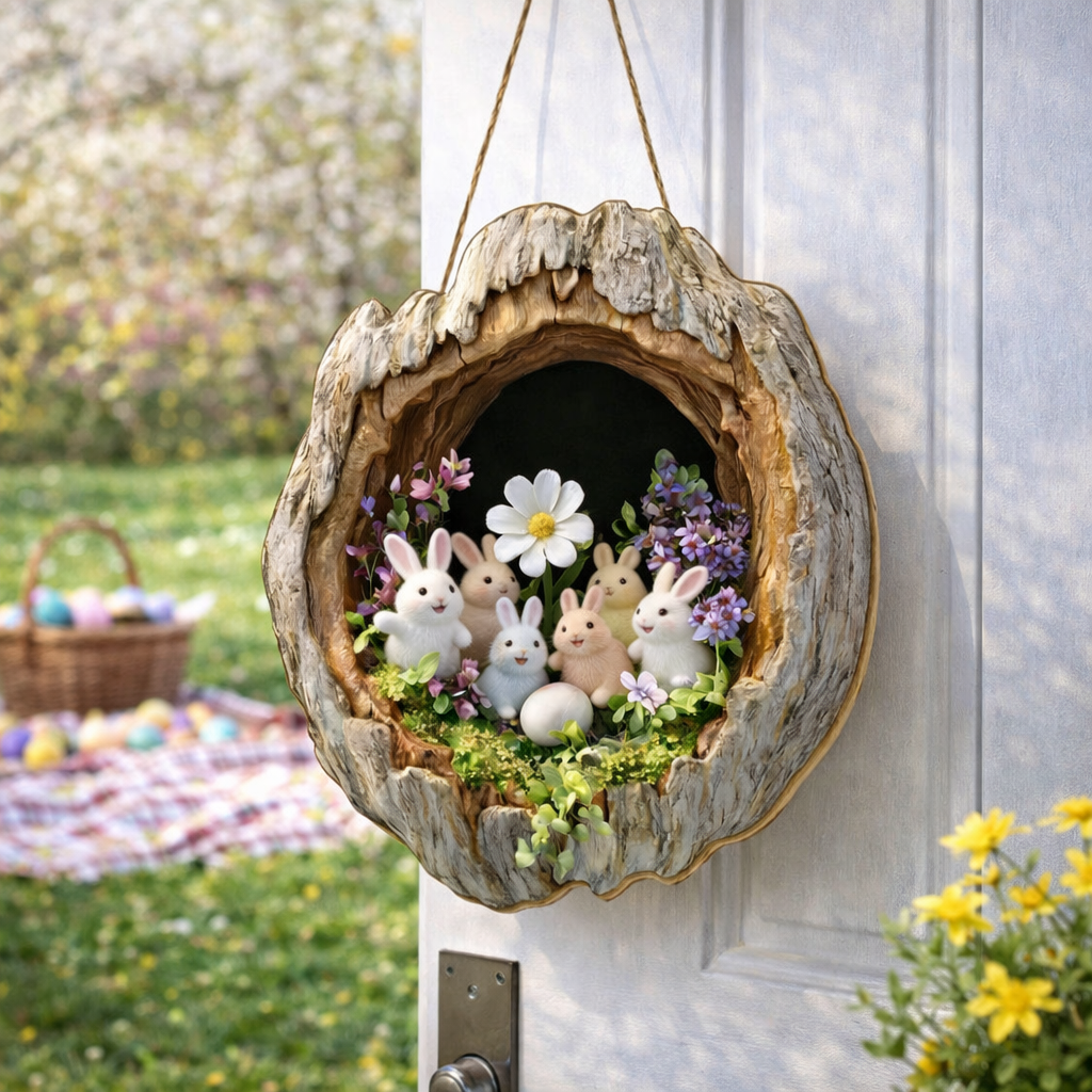 🌸 Easter Wooden Door Hanger – 3D Spring Bunny Decoration