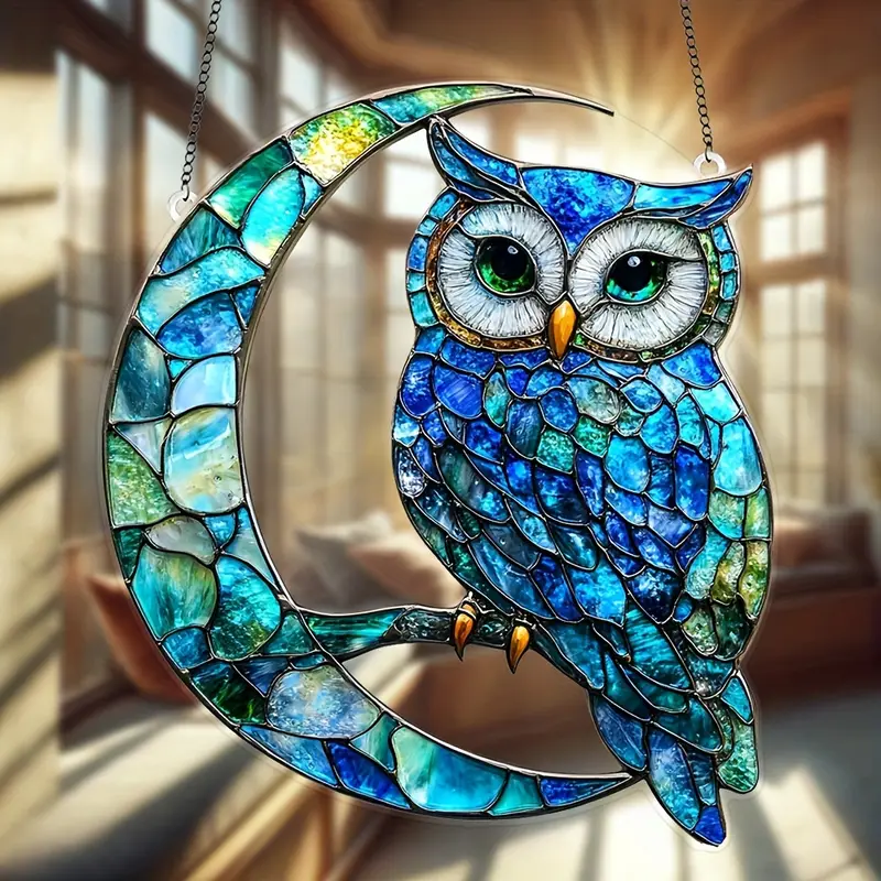 1pc moon owl acrylic suncatcher garden suncatchers 8x7 window sun   for bird lovers   housewarming gift car hanging ornament wall art decoration garden porch bedroom office kitchen home decorations outdoor patio decorate 0