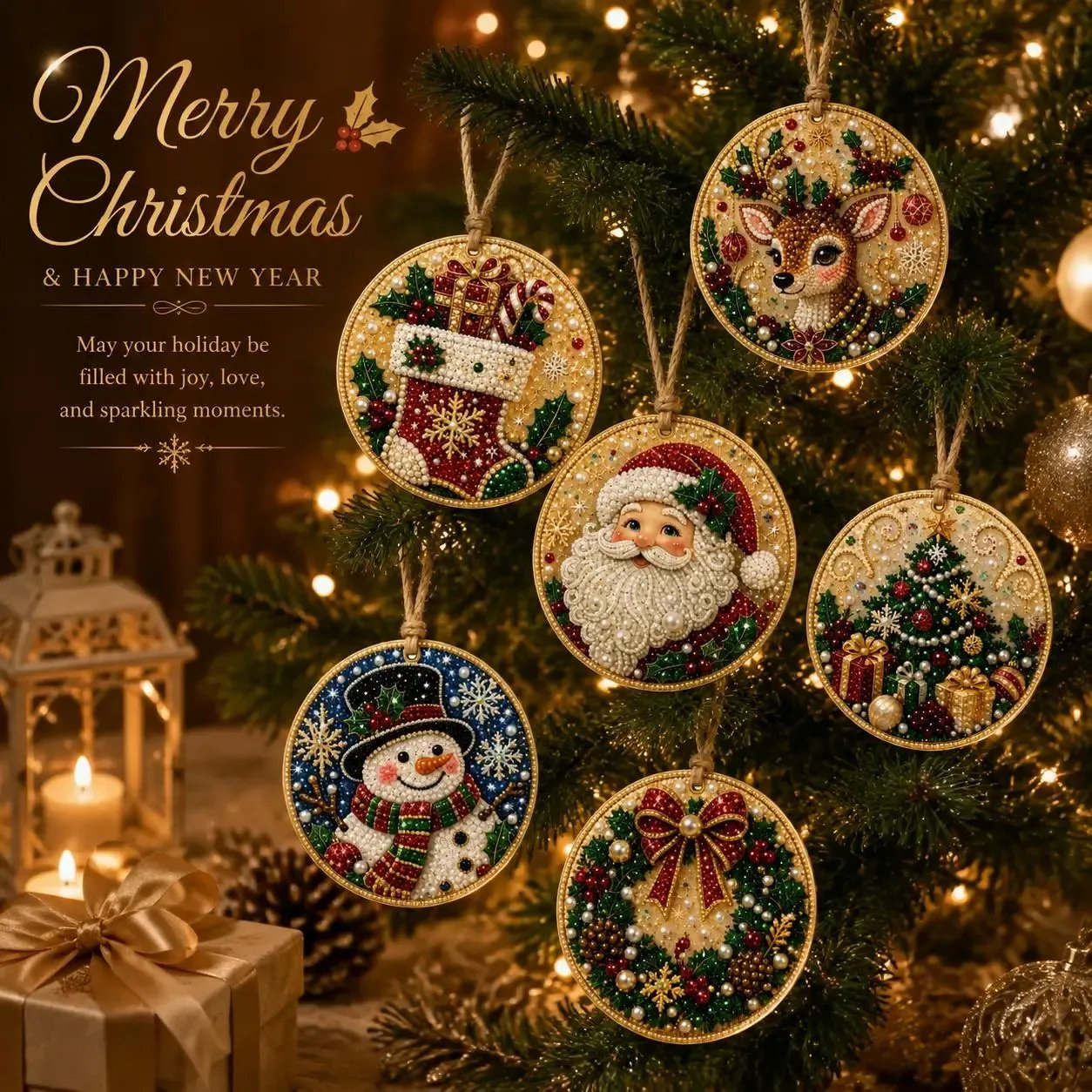 Christmas DIY Diamond Painting Ornaments Kit (12-Piece) – Xmas Tree Hanging Craft Decoration