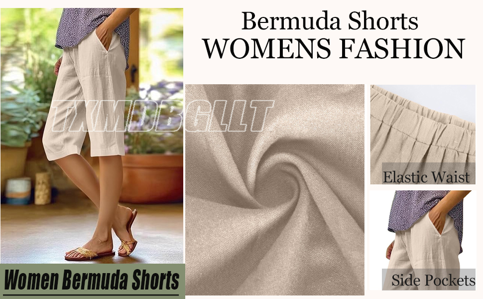 Linen Bermuda Shorts for Women Knee Length Casual Summer Linen Capri Pants Beach Shorts