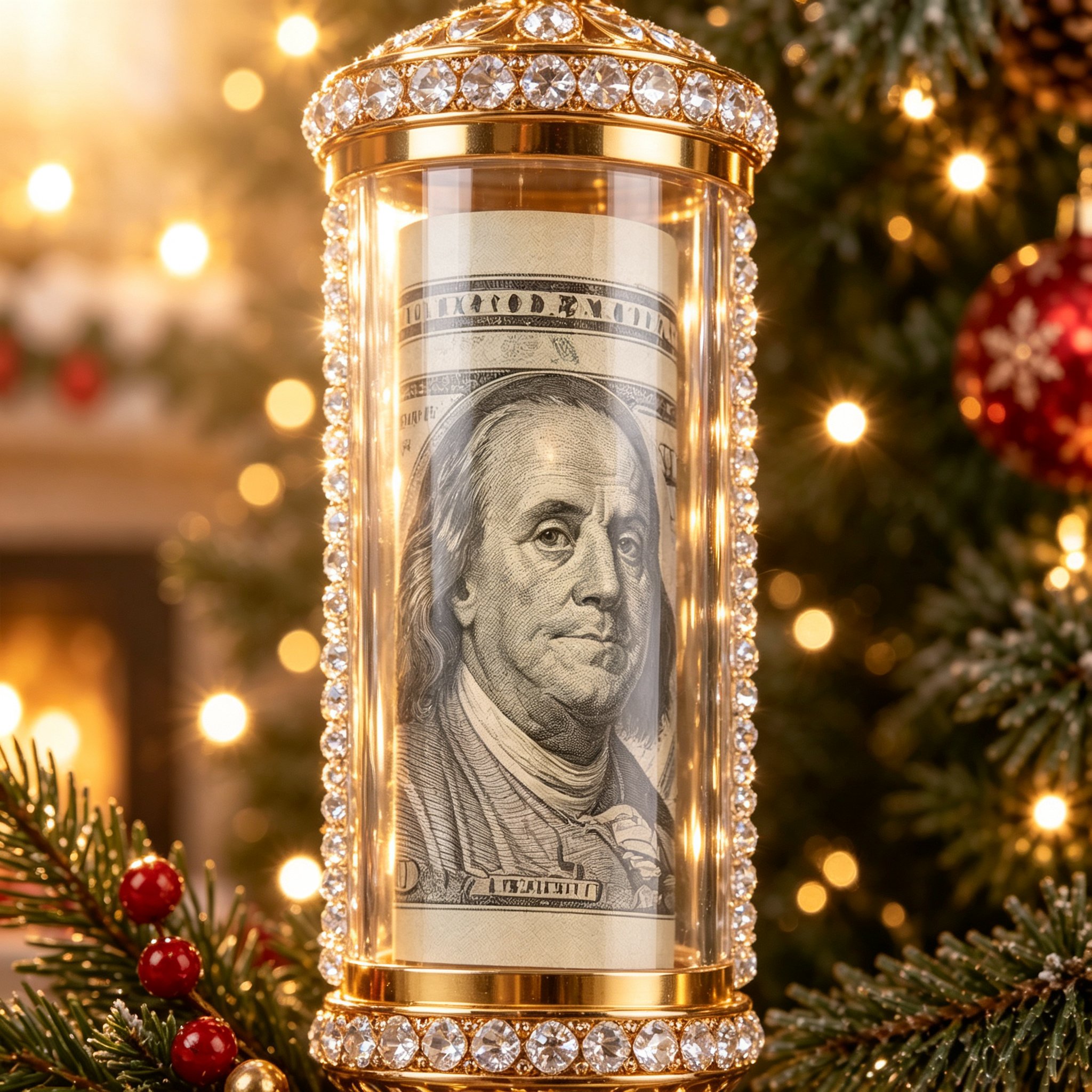 Close‑up of the clear plain money tube holding a rolled dollar bill
