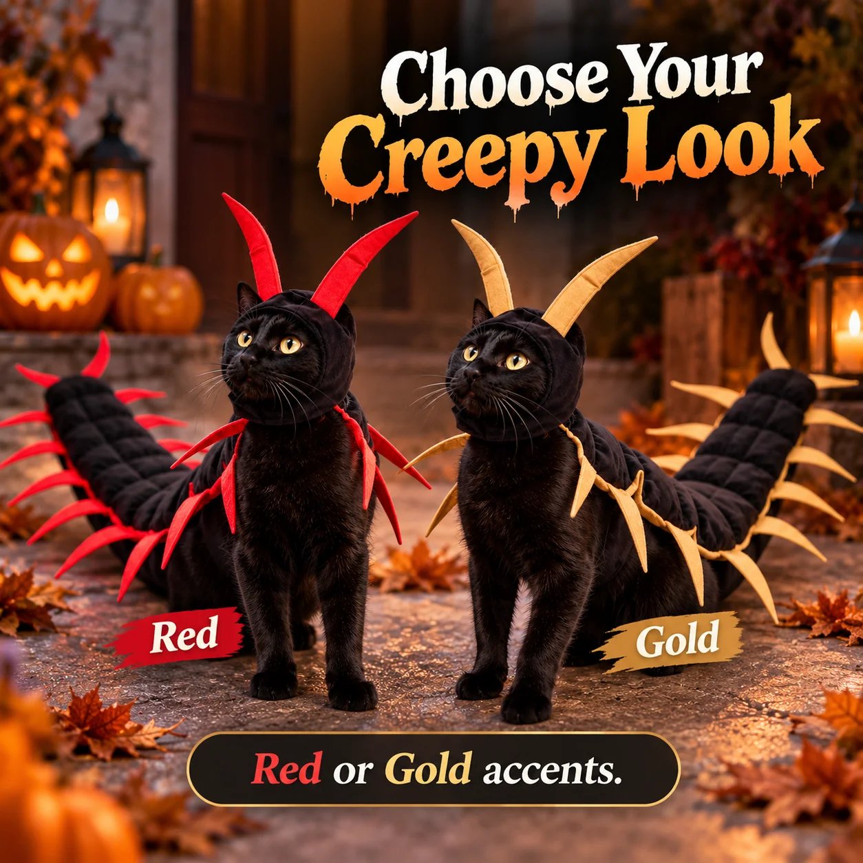 Cat wearing creepy-cute black and red centipede halloween costume Cat wearing creepy-cute black and red centipede halloween costume