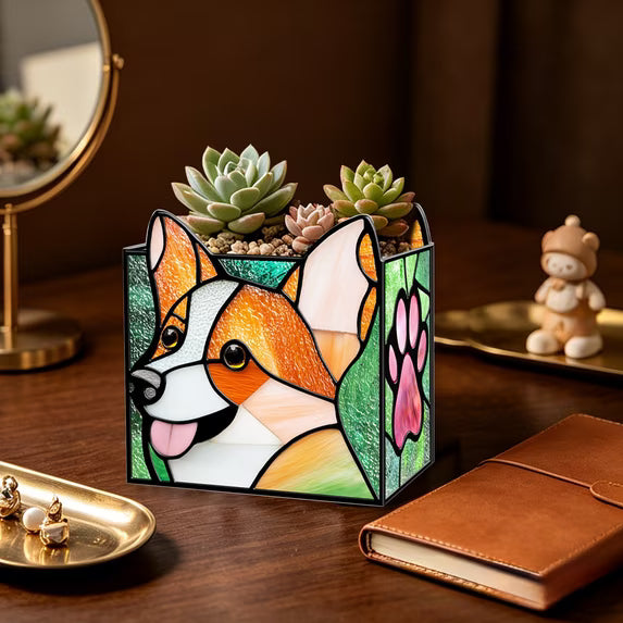 Corgi stained-glass-style organizer used as decorative desktop storage