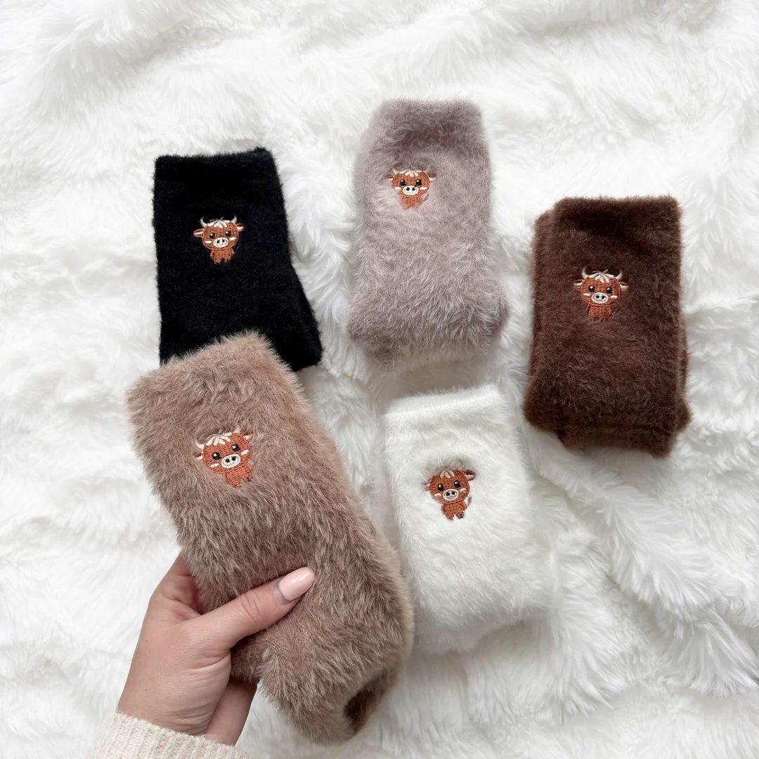 🐮🧦 Fuzzy Highland Cow Socks – Ultra-soft plush socks with embroidered cows for women! ✨🐮