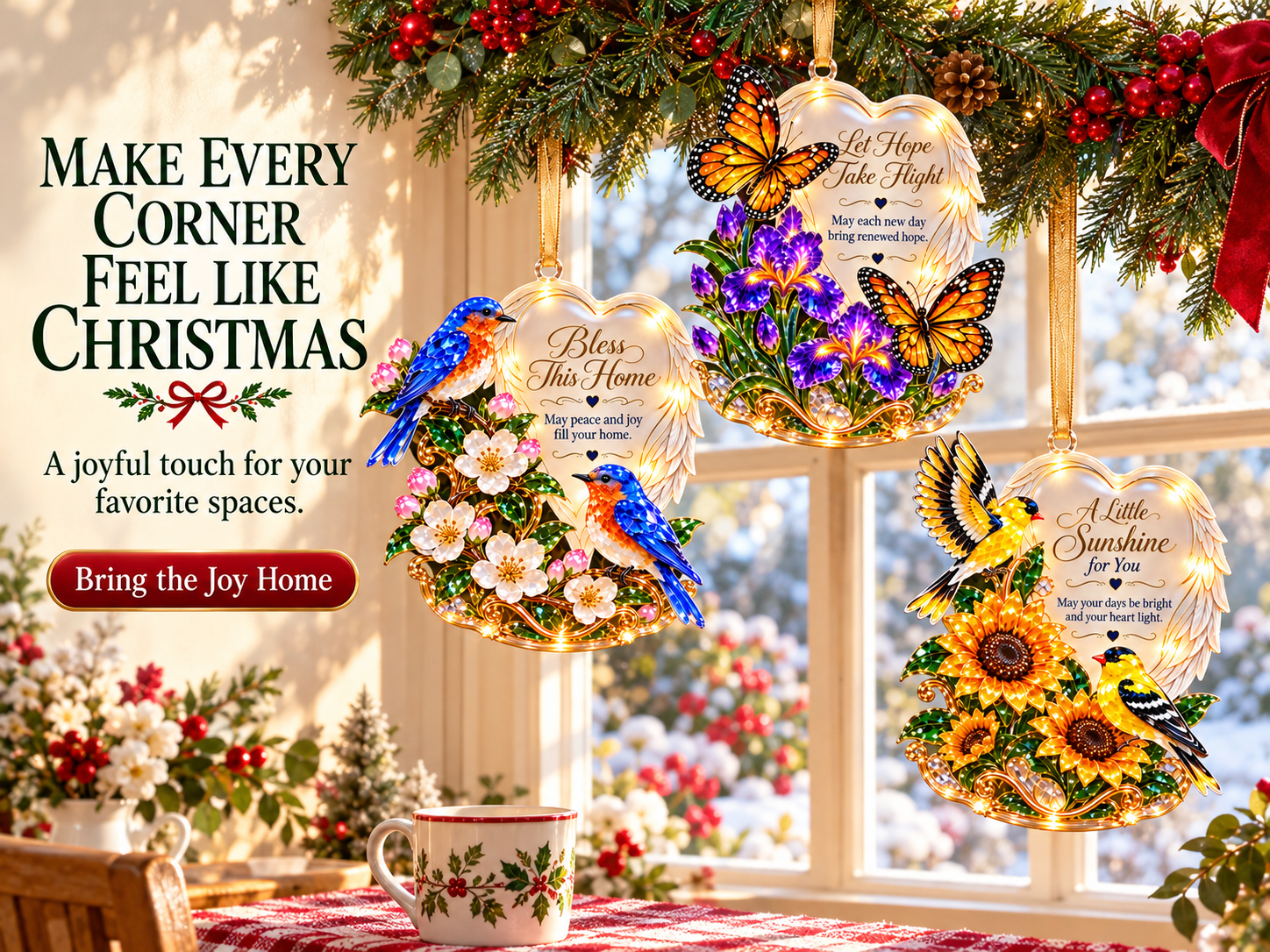 Ornaments displayed by a bright window