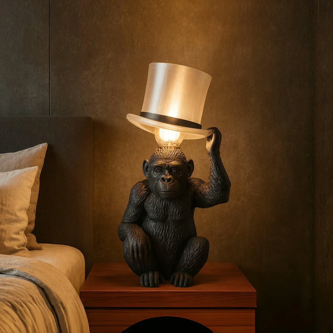 Monkey Table Lamp with Top Hat – Sculptural Animal Desk Lamp