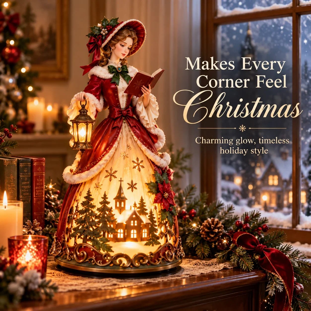 Victorian Caroler Lamp by snowy Christmas window