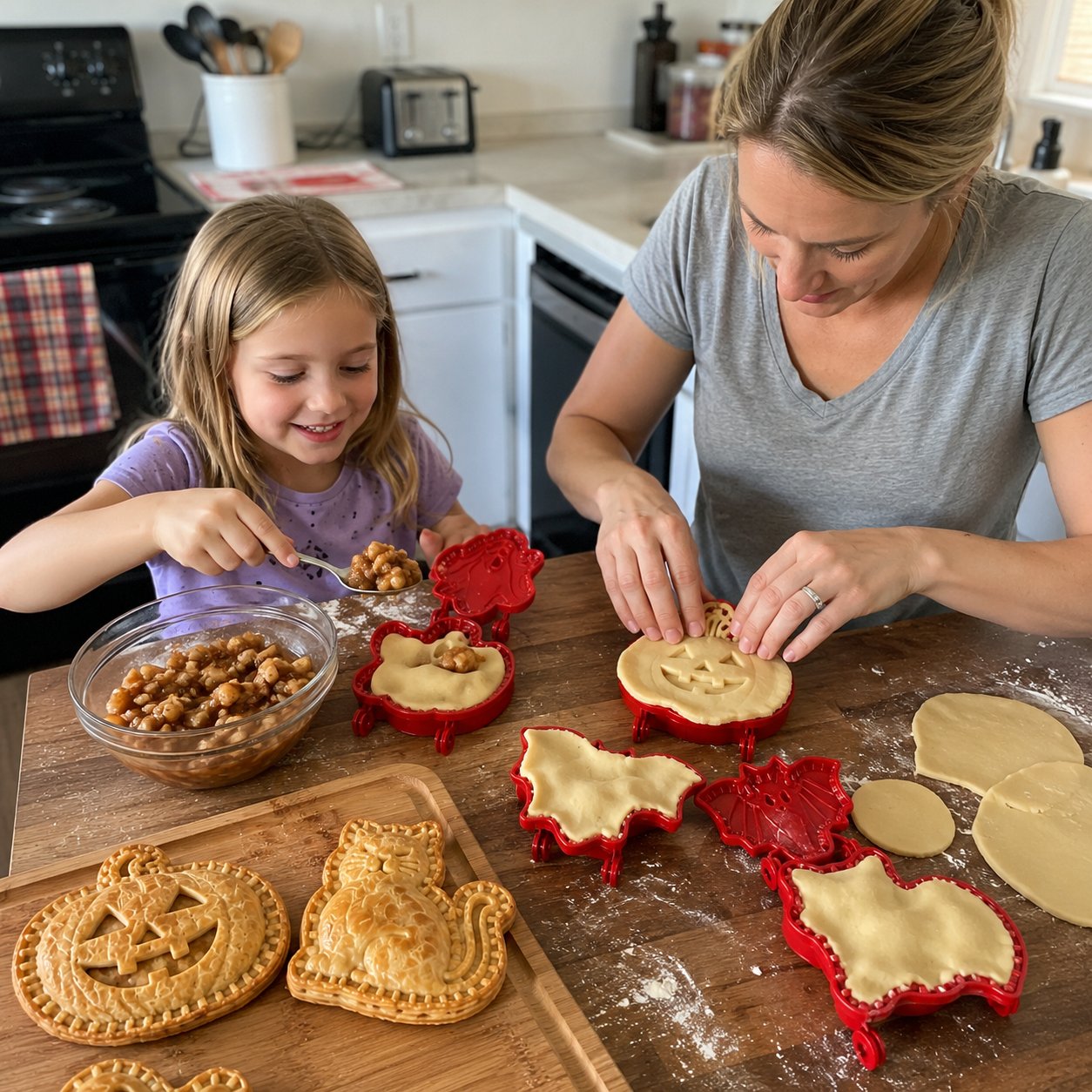 Mother and daughter making Halloween hand pies together Mother and daughter making Halloween hand pies together