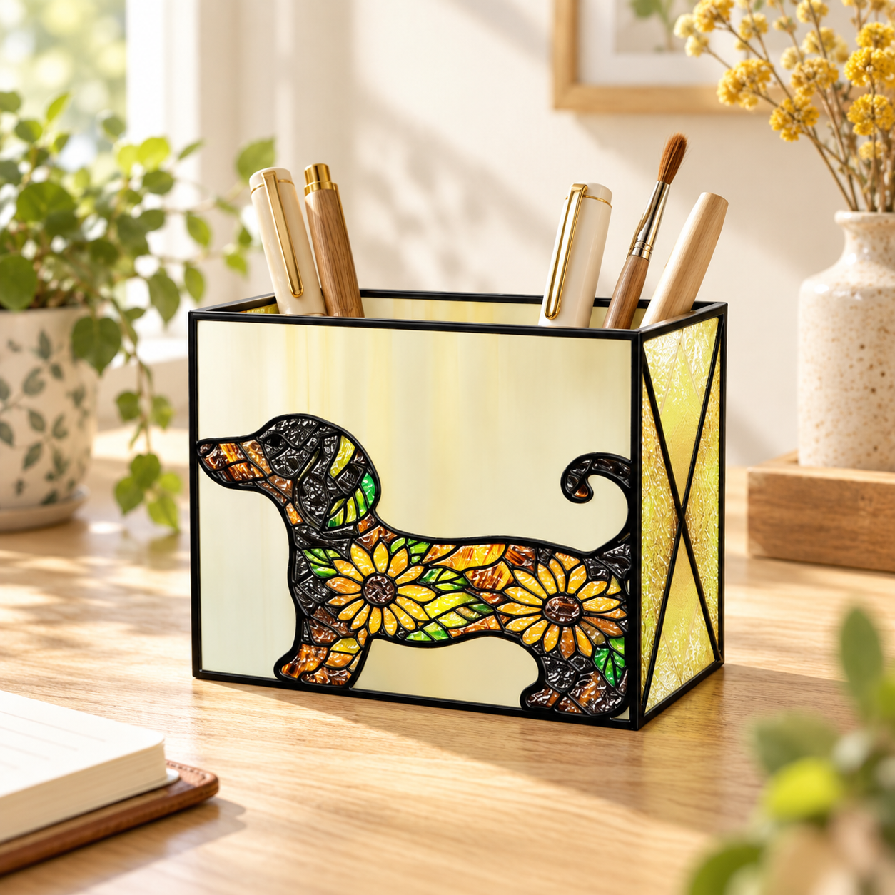 Floral dachshund organizer holding pens in a sunny workspace