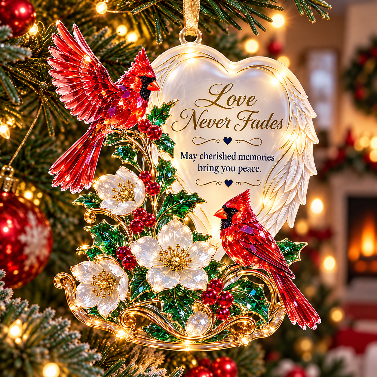 ❤️ Love Never Fades – Red Cardinals angel wings heart Christmas ornament