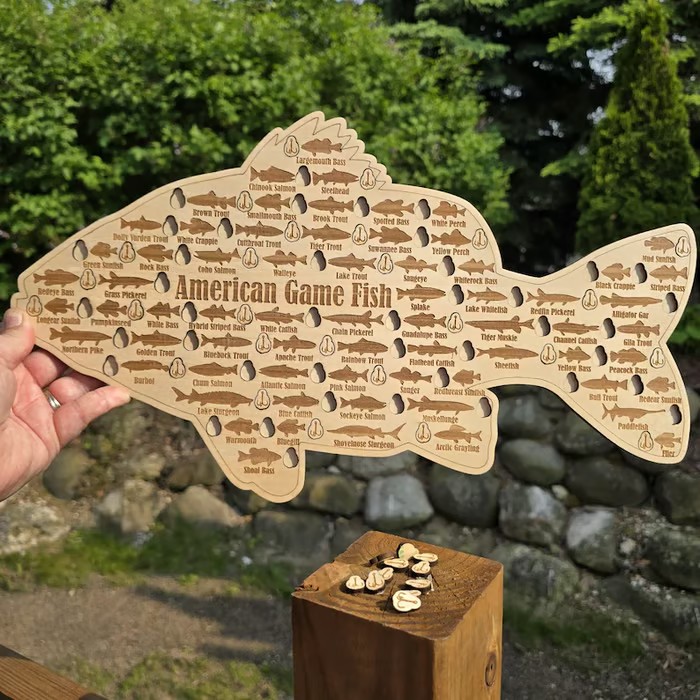 🎣 American Game Fish Sign with Hook Cutouts to Track Your Catch