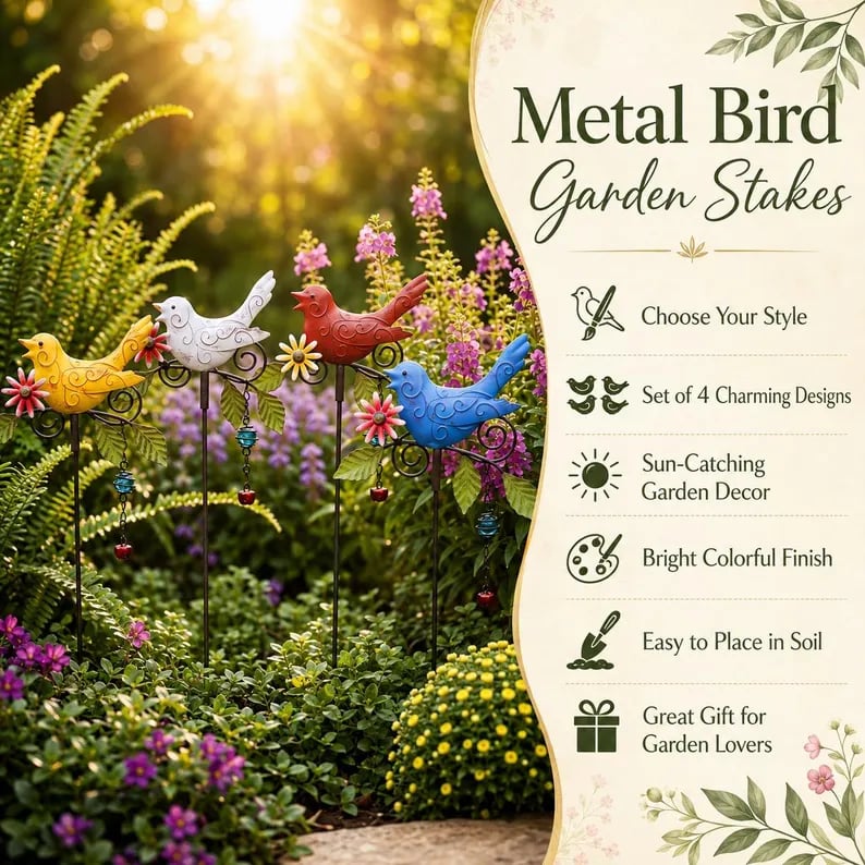May include: A set of four metal bird garden stakes in yellow, white, red, and blue, each featuring embossed swirl patterns, green metal leaves, and small dangling charms. The text Metal Bird Garden Stakes is visible on the right side of the image.