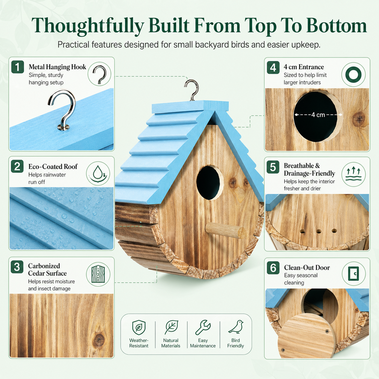 Eco-Coated Cedar Birdhouse for Small Backyard Birds