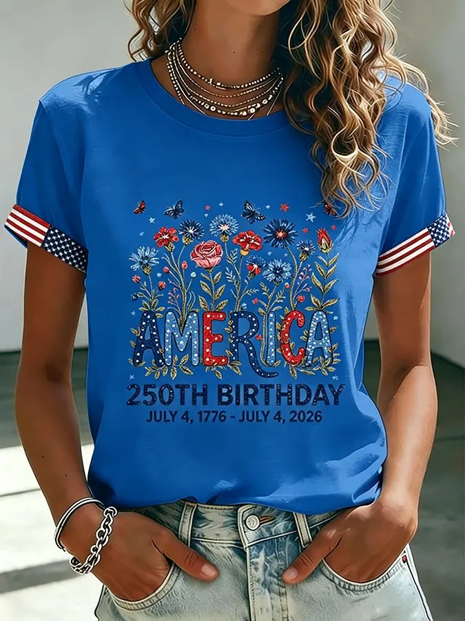 🔥Women's 250 Years Of Freedom Flower Art Print T-shirt