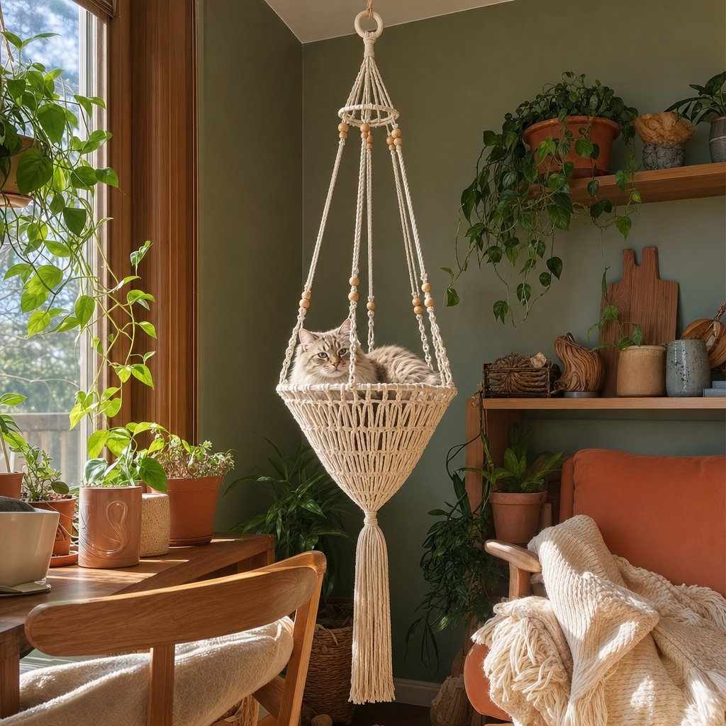 Handmade Macrame Cat Hammock Customer Photo Handmade Macrame Cat Hammock Customer Photo