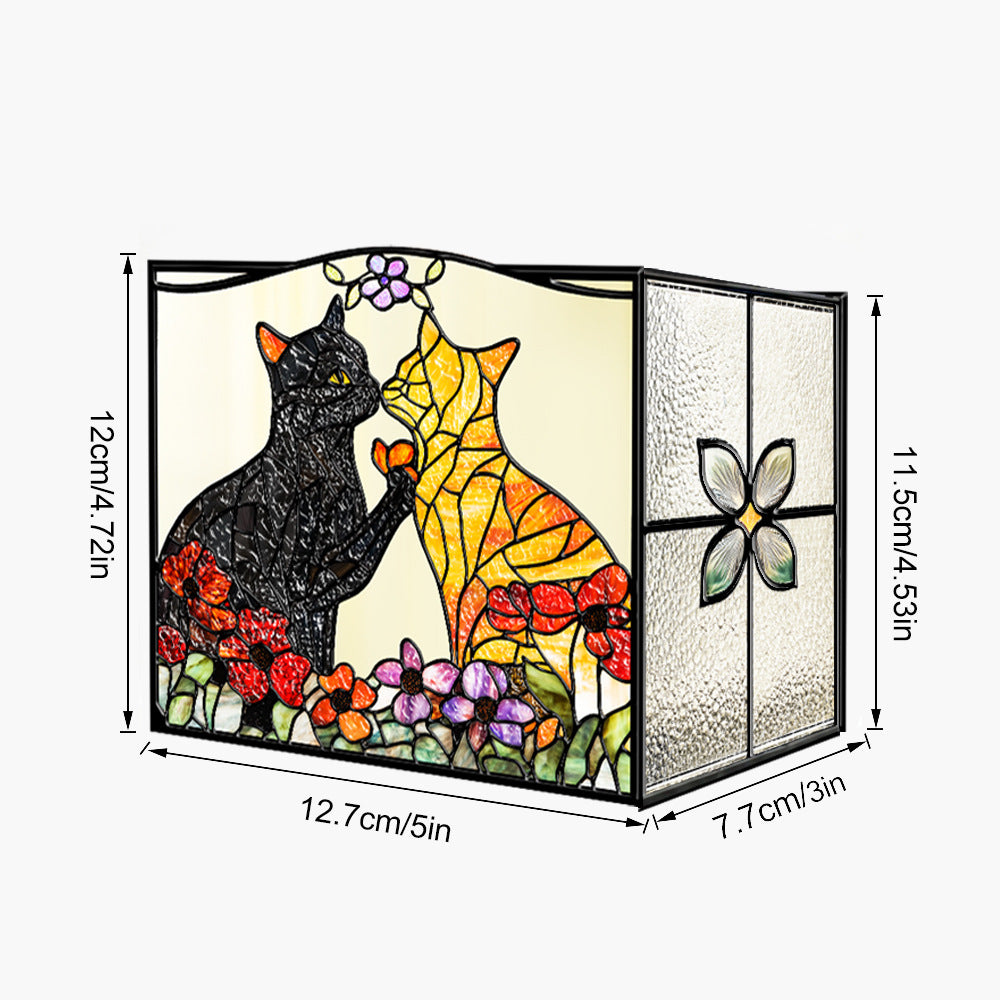 Black cat and golden cat stained-glass-style desk organizer design with dimensions