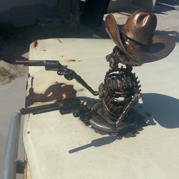 Handmade Cast Cowboy Skull Gunslinger Hood Metal Ornament