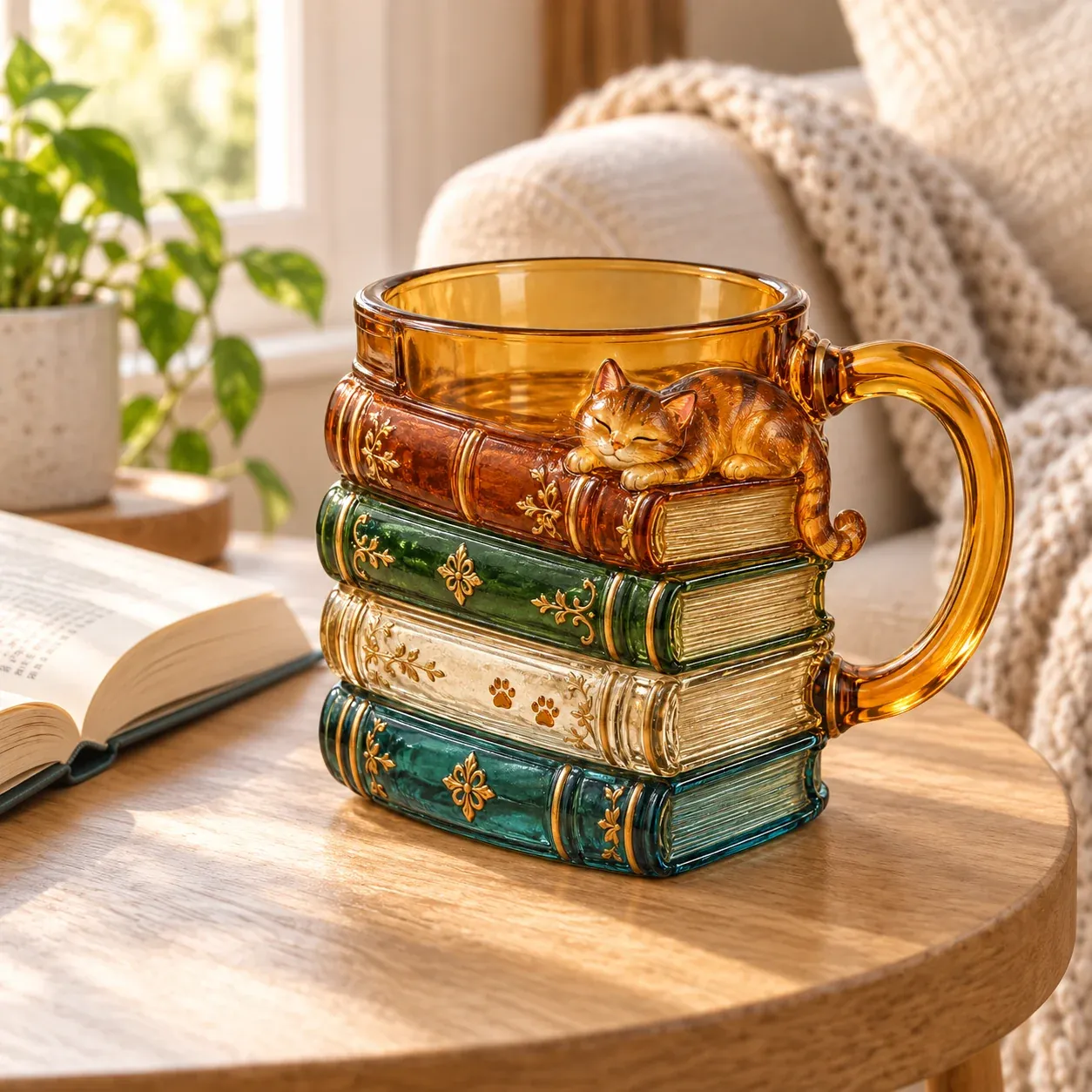 Cat mug beside an open book in a reading corner Cat mug beside an open book in a reading corner