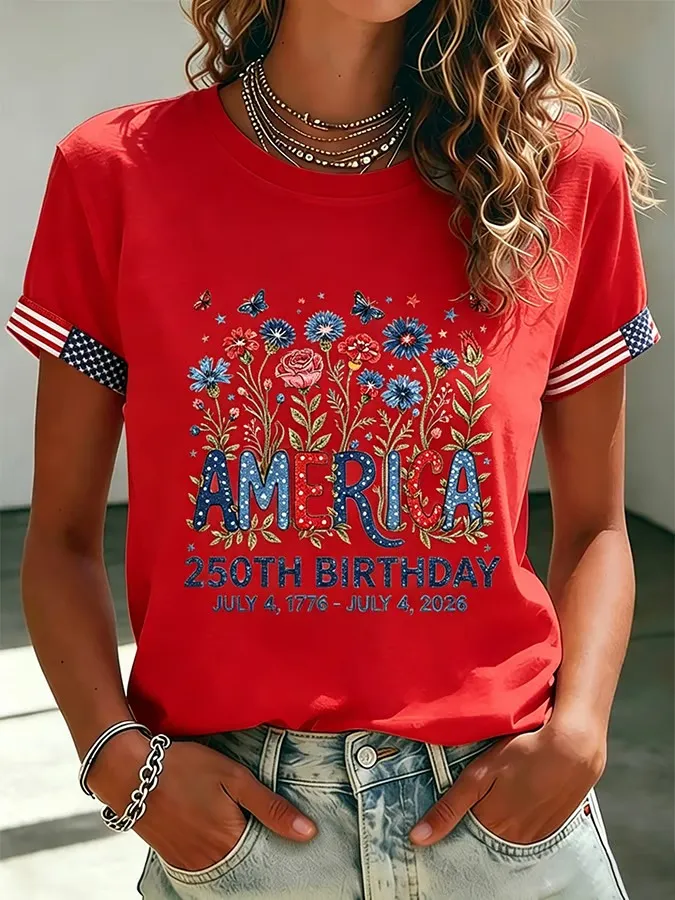 🔥Women's 250 Years Of Freedom Flower Art Print T-shirt