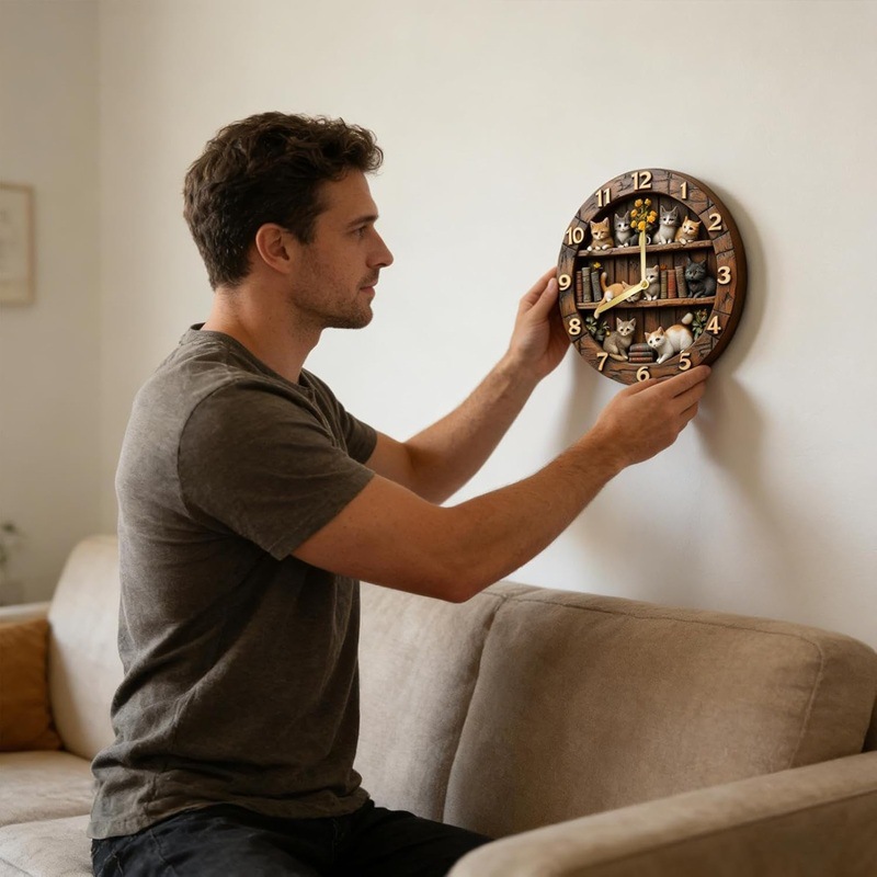 3D Cat-Themed Decorative Wall Clock 12”