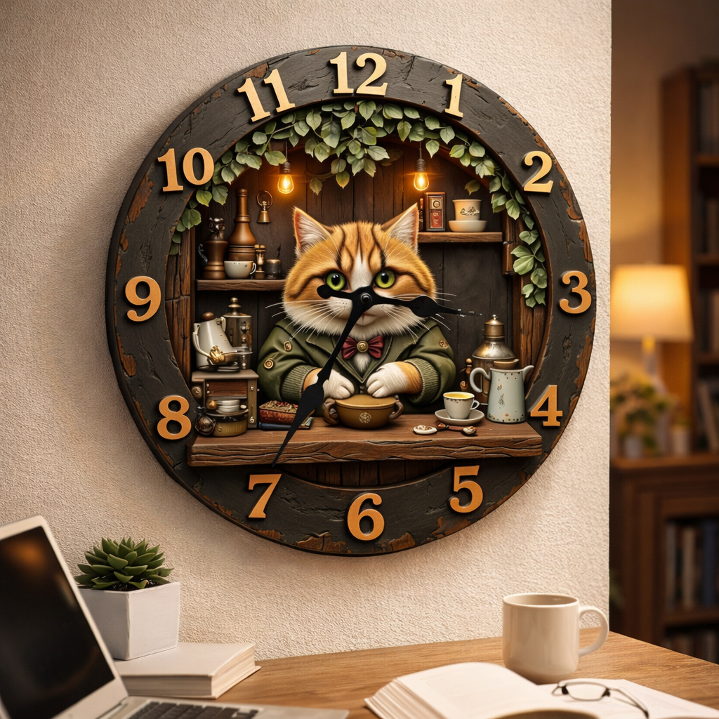 3D Cat-Themed Decorative Wall Clock 12”