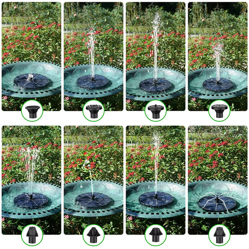 Comes with 7 interchangeable nozzles, giving you 8 unique spraying patterns to suit any mood or setting. Whether you want a gentle ripple or a high, elegant spray, simply swap the nozzle to adjust the shape, height, and direction of the water, to customize your desired landscape according to your mood.