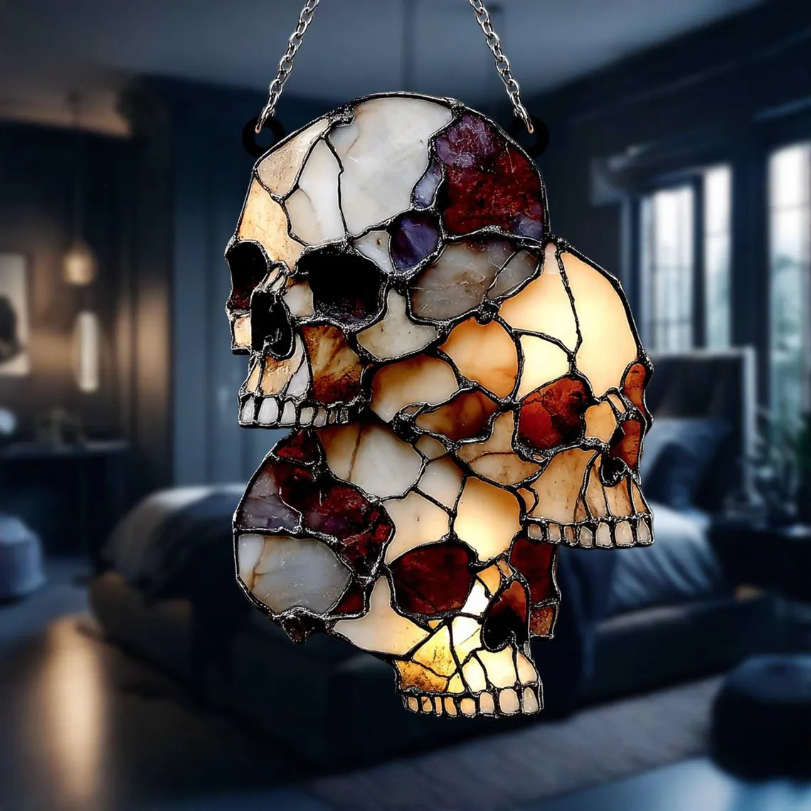 💀 Gothic Skull Cluster Suncatcher – Faux Stained Glass Halloween Decor with Horror Skull