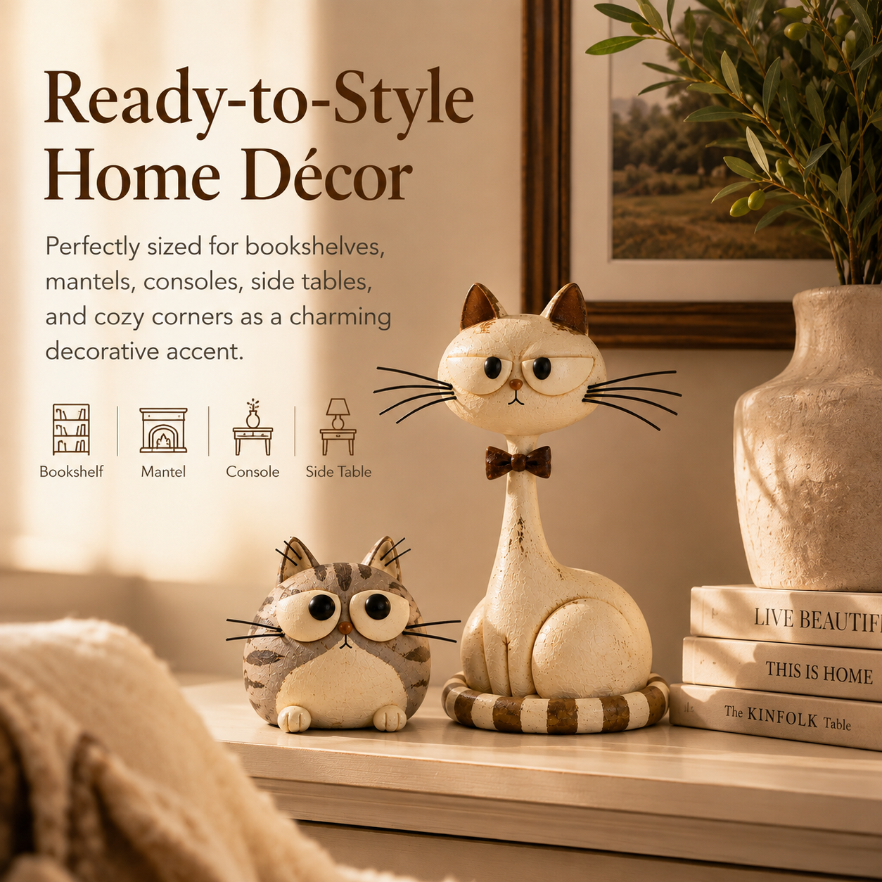 Vintage cat sculptures styled on an entryway console or side table
