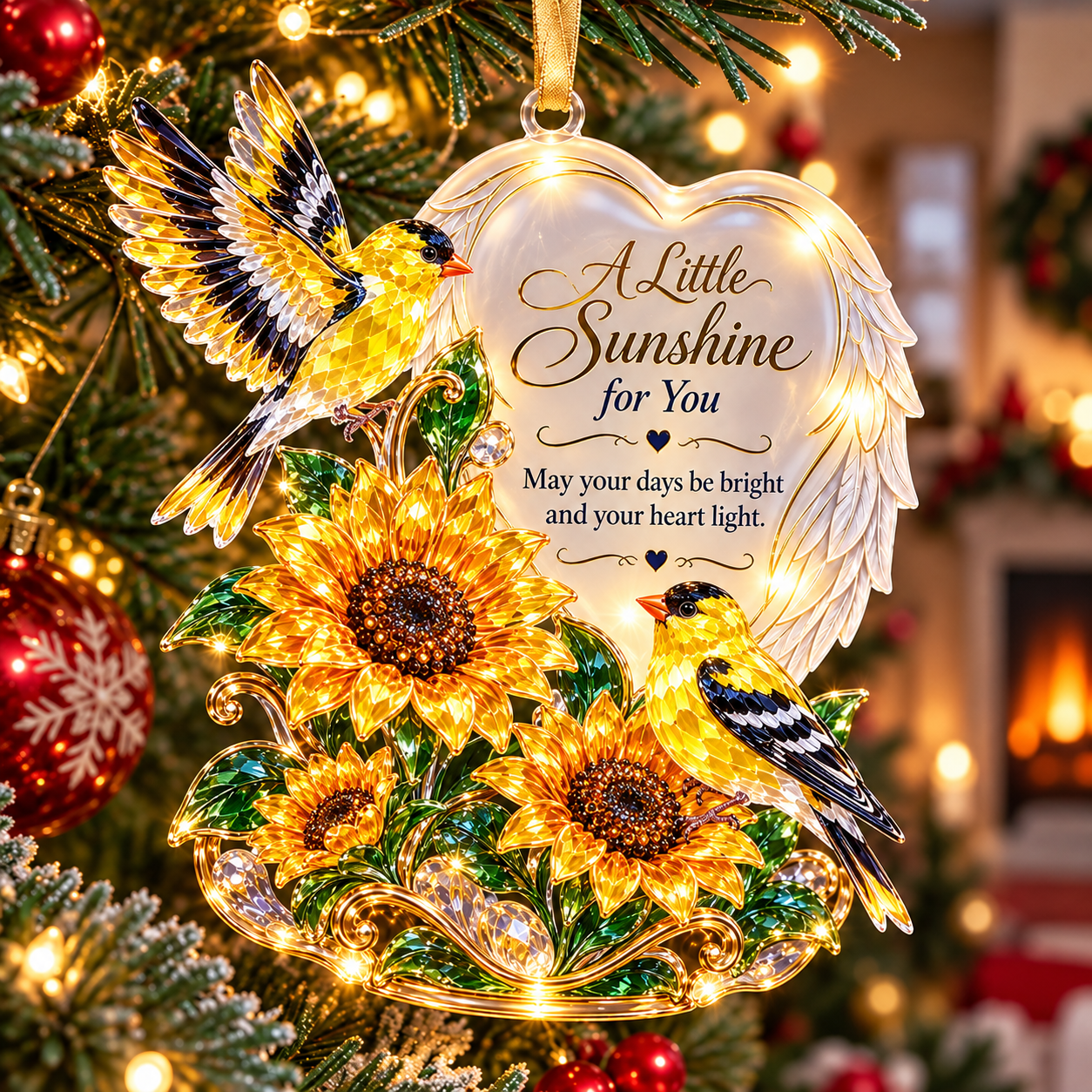 🌻 A Little Sunshine for You – Goldfinches angel wings heart Christmas ornament