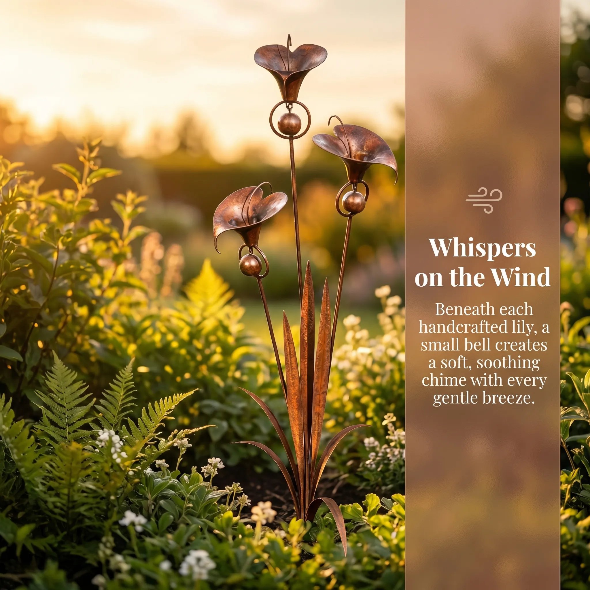 Flamed Copper Three Calla Lilies Garden Stake with Bells