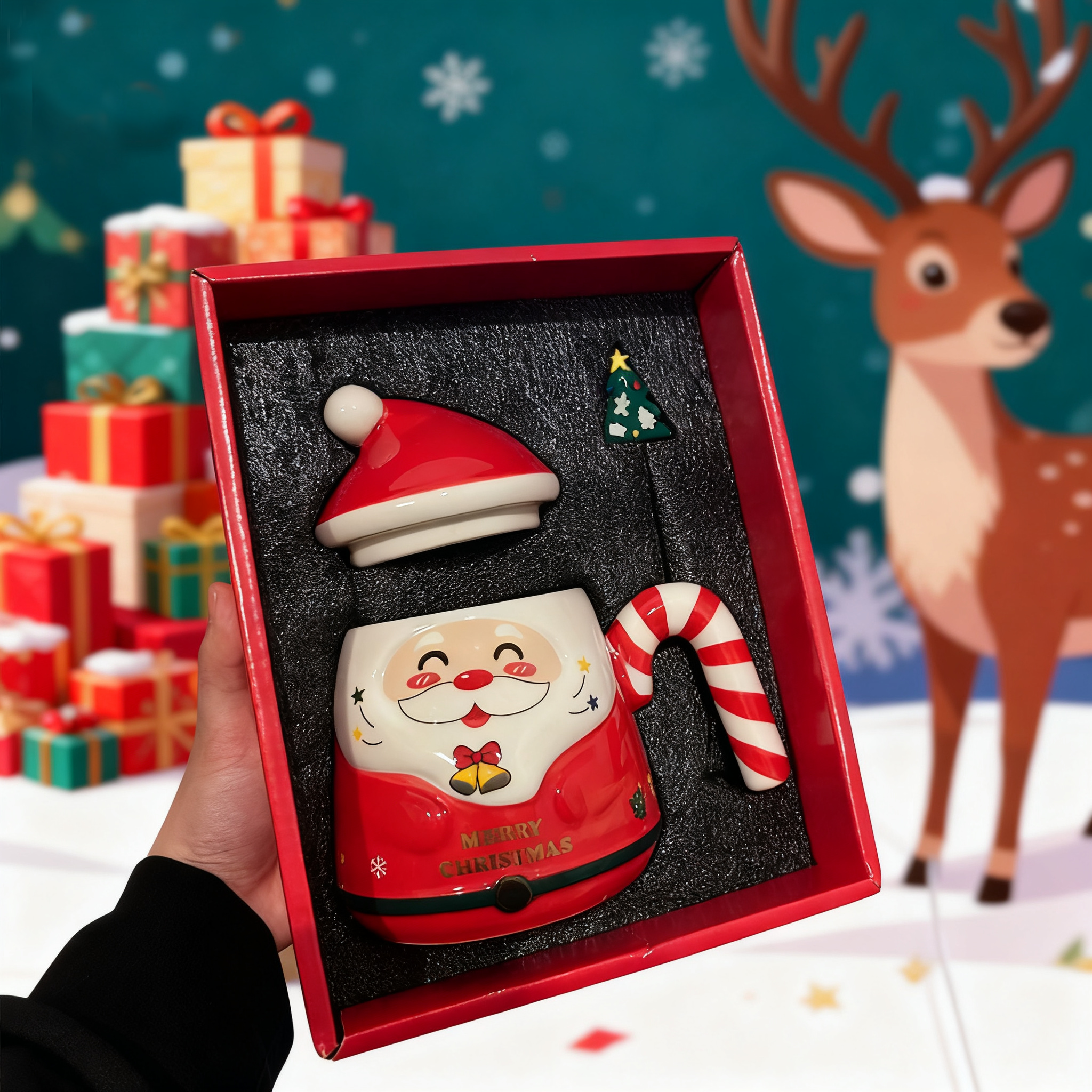 13.5Oz Christmas-Themed Coffee Mug with Spoon and Gift Box