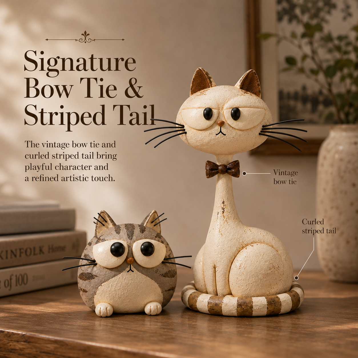 Close-up details of the folk art cat sculptures
