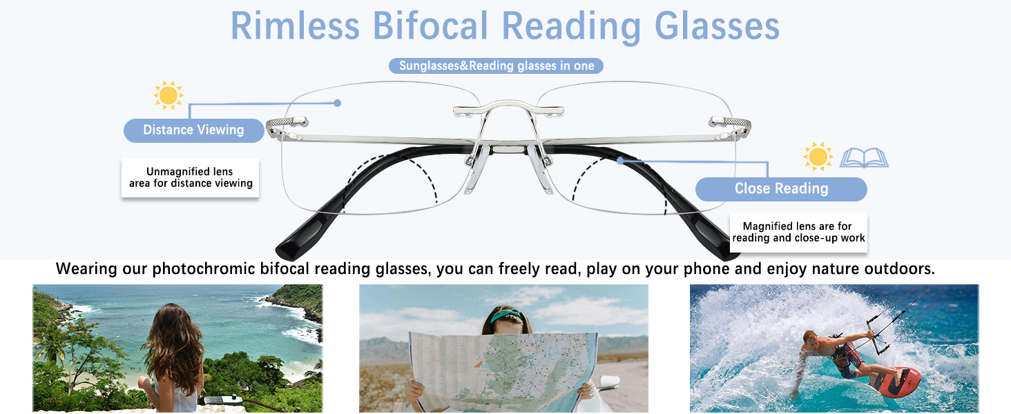 Rimless Bifocal Photochromic Reading Glasses