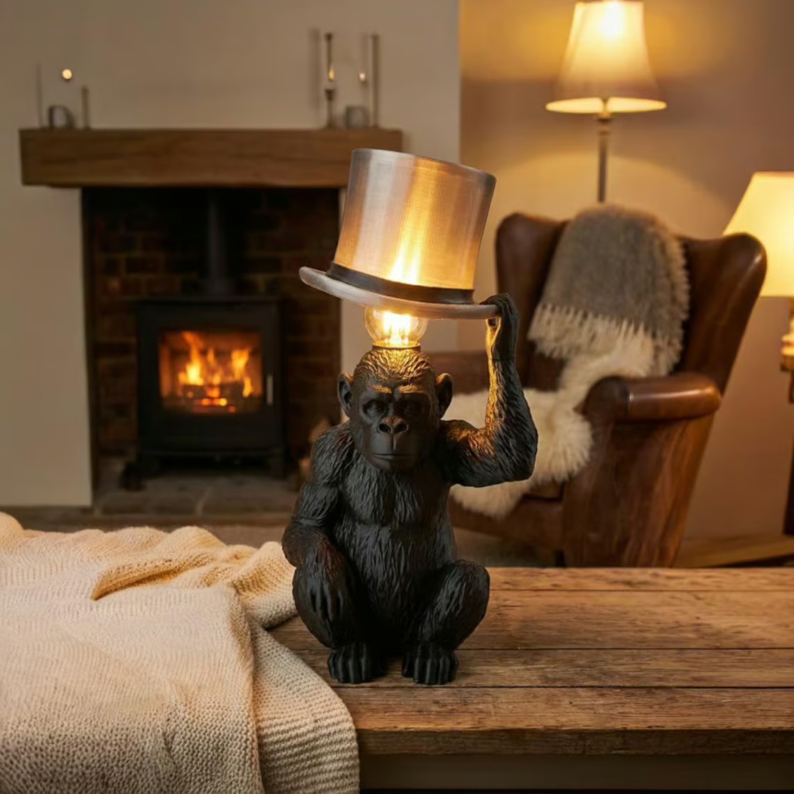Monkey Table Lamp with Top Hat – Sculptural Animal Desk Lamp