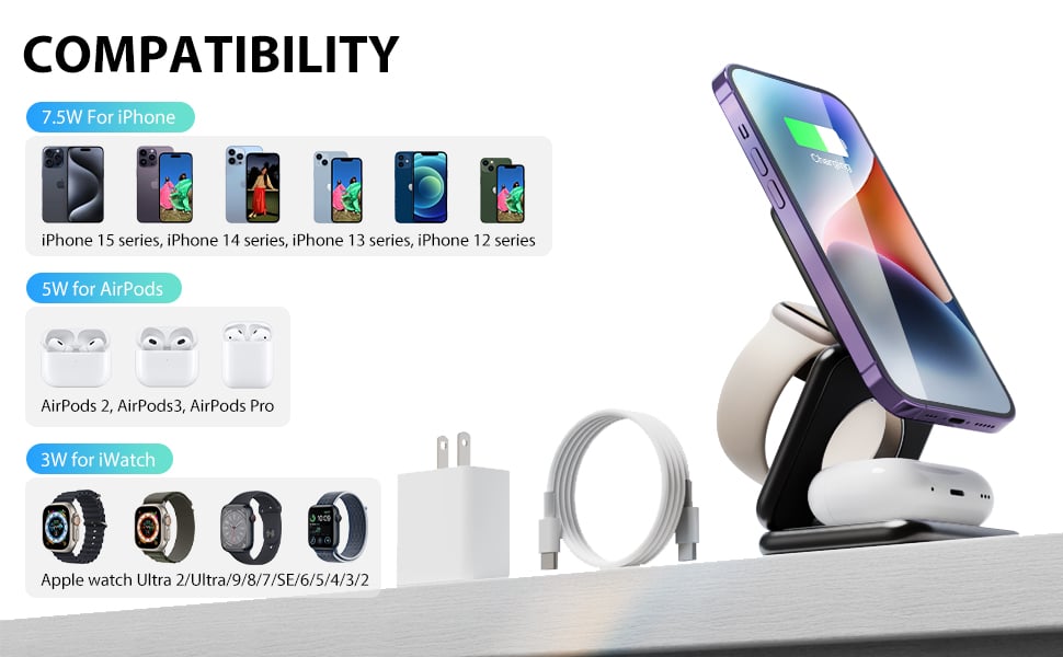 3 in 1 magnetic foldable wireless charger for iphone apple watch charging stand