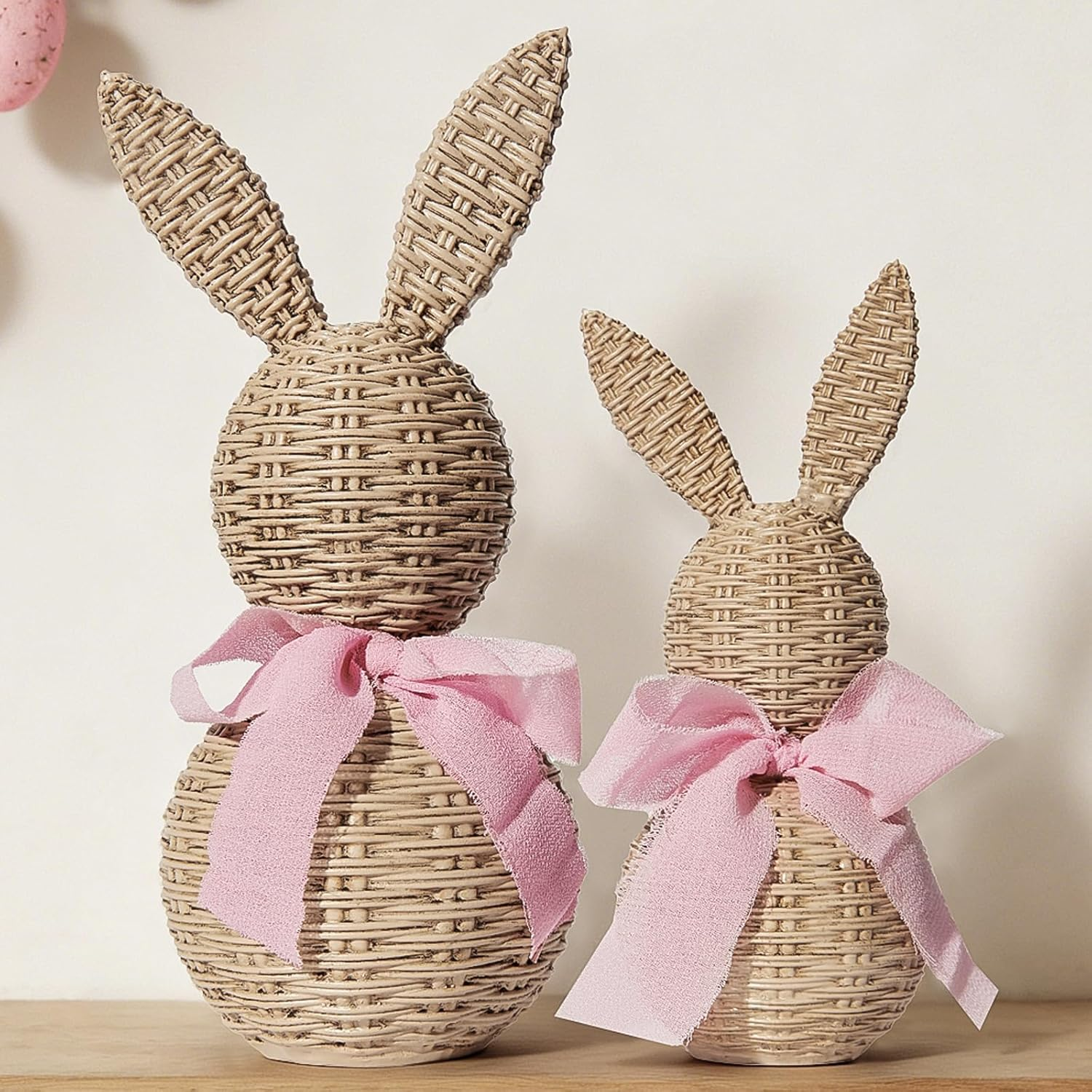  2Pcs Faux Wicker Easter Bunny Figurines