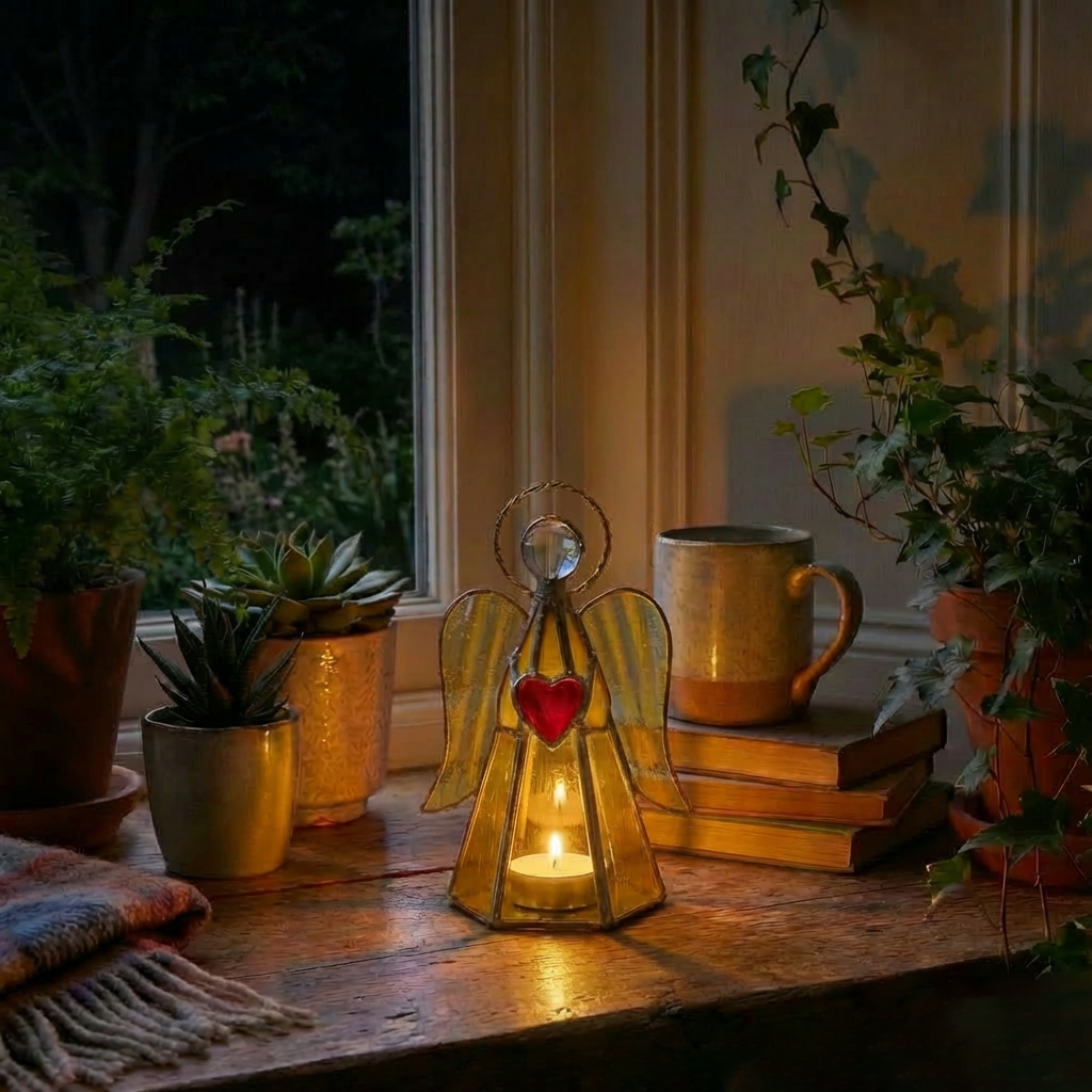 Guardian Angel Stained Glass Candle Holder  – Sunlight by Day, Warm Glow by Night