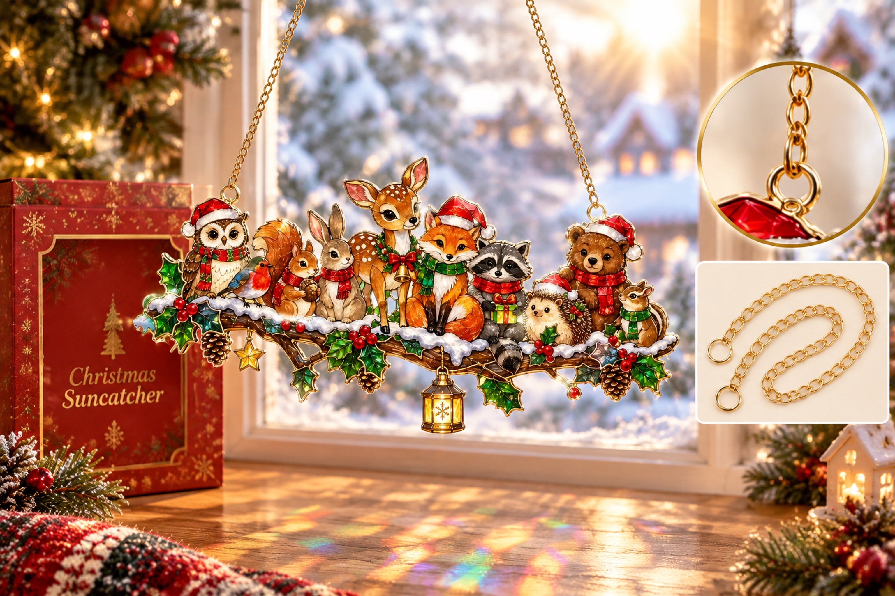 Christmas suncatcher with included gold-tone hanging chain