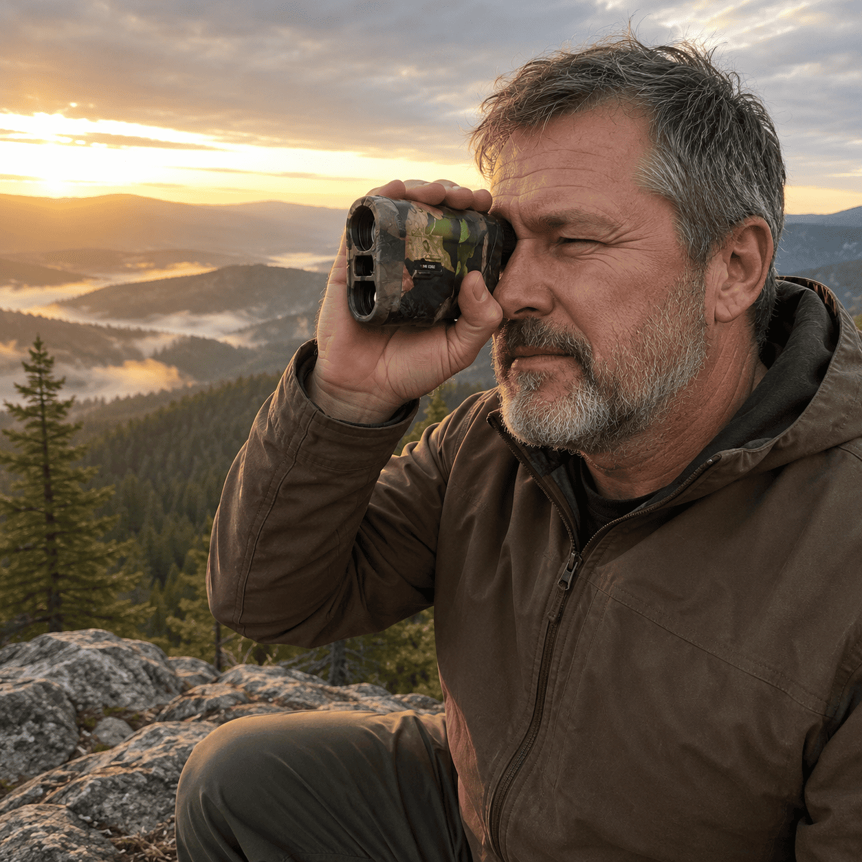 Hunter glassing a misty mountain ridge at first light