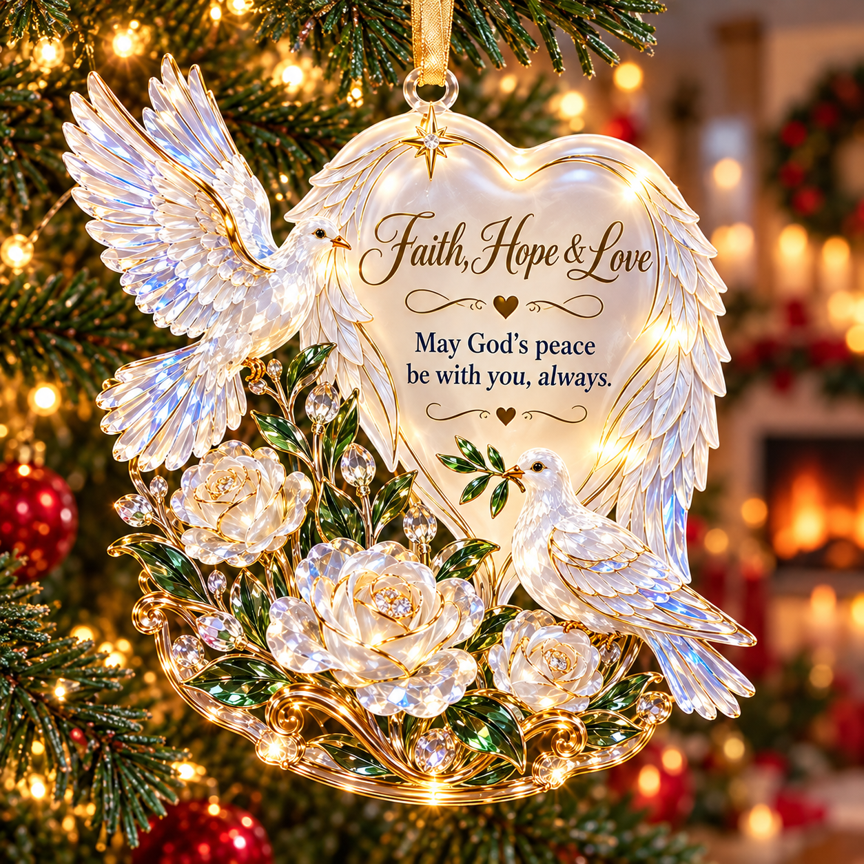 🕊️ Faith Hope & Love – White Doves angel wings heart Christmas ornament